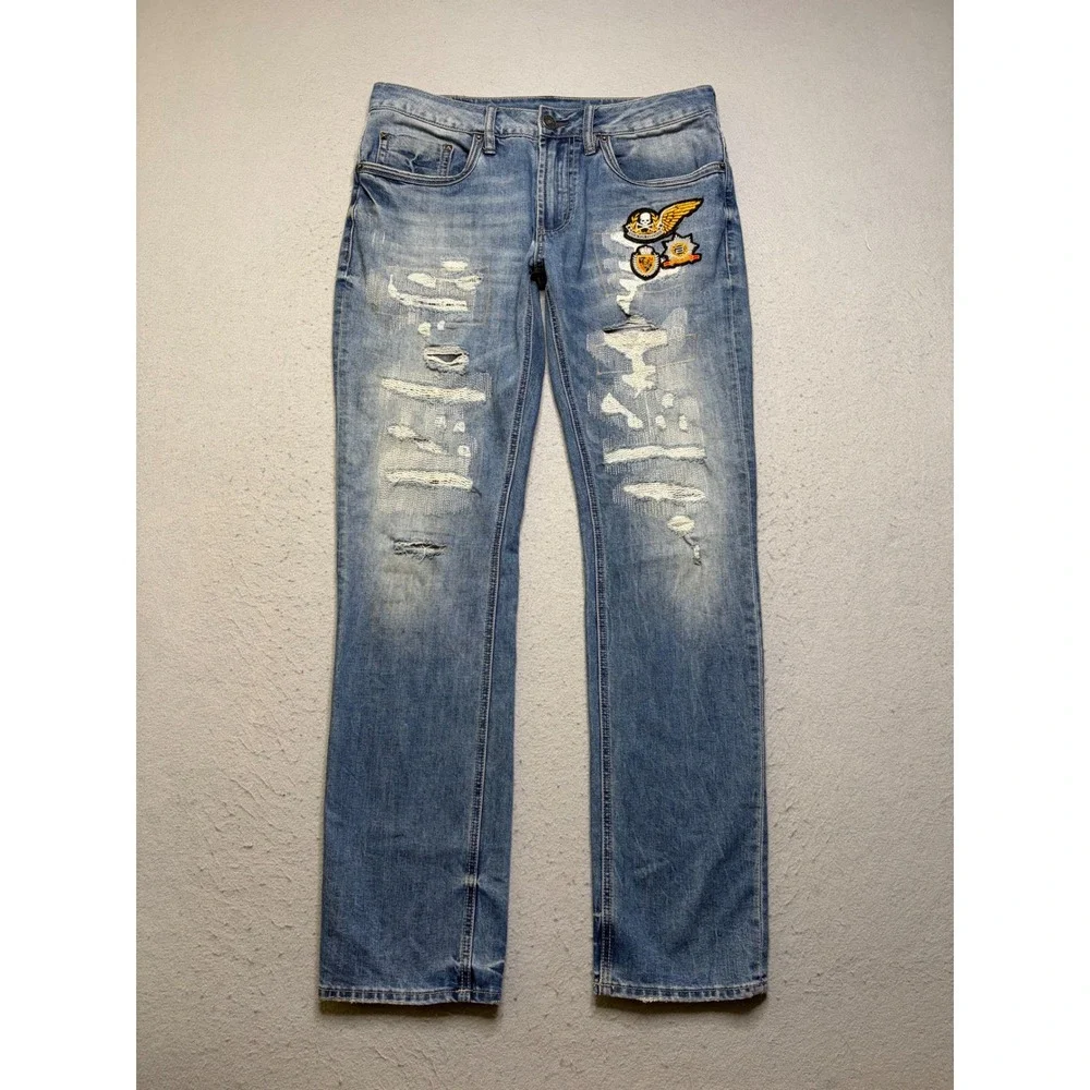 Buffalo David Bitton Jeans Mens 32x32 Blue Distressed Patched Straight Leg Denim